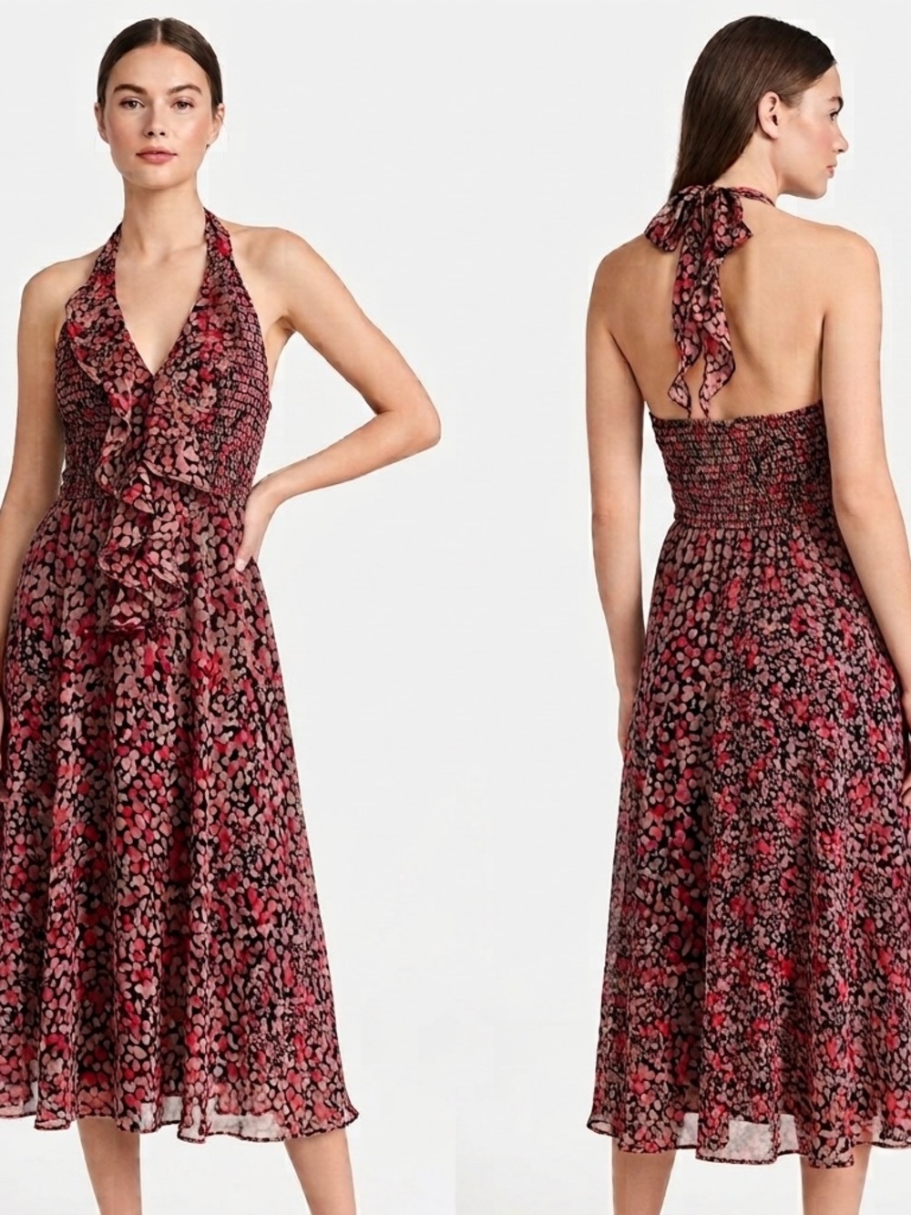 BCBGMAXAZRIA Y2K 100% Silk Smocked Halter Midi Dress Size 2